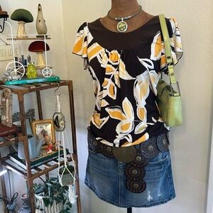 Y2K Retro Boho Brown & Yellow Floral Flowy Top w Banded Waist by Maurices